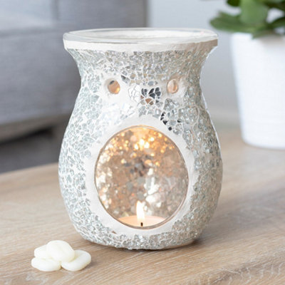 Silver Glass Flared Oil, Wax Melt Burner. Mirrored Crackle Effect. H14 cm