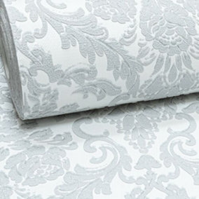 Silver Glitter Grey White Damask Textured Heavy Duty Vinyl Feature 3D Wallpaper