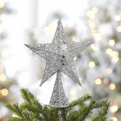 Silver Glittered Wrought Iron Christmas Tree Topper Xmas Star Ornament Home Decor 25x35cm