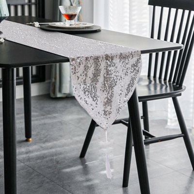 Silver Glittering Sequin Table Runner with Tassels for Holiday Decoration 228 W x 30 cm D