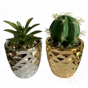 Silver Gold Ceramic Planters Artificial Cactus Dracaena 15cm Set 2