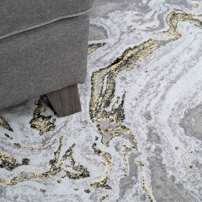 Silver Gold Metallic Modern Marble Living Area Rug 60x110cm