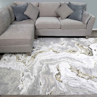 Silver Gold Metallic Modern Marble Living Area Rug 80x150cm