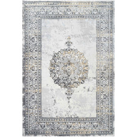 Silver Gold Metallic Traditional Medallion Bordered Living Area Rug 60x110cm