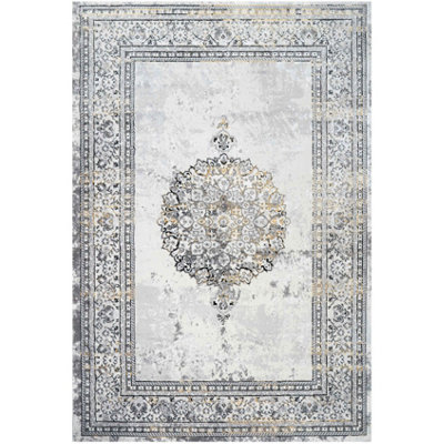 Silver Gold Metallic Traditional Medallion Bordered Living Area Rug 80x150cm