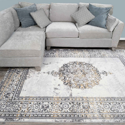 Silver Gold Metallic Traditional Medallion Bordered Living Area Rug 80x150cm