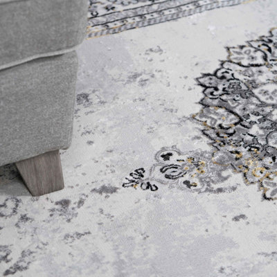 Silver Gold Metallic Traditional Medallion Bordered Living Area Rug 80x150cm