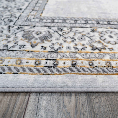 Silver Gold Metallic Traditional Medallion Bordered Living Area Rug 80x150cm