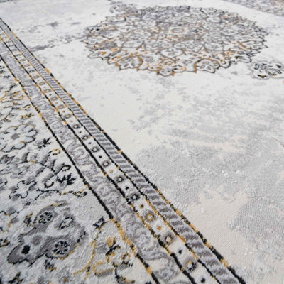 Silver Gold Metallic Traditional Medallion Bordered Living Area Rug 80x150cm
