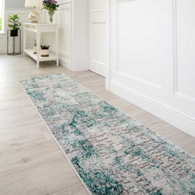 Silver Green Distressed Abstract Modern Textured Area Runner Rug 60x240cm