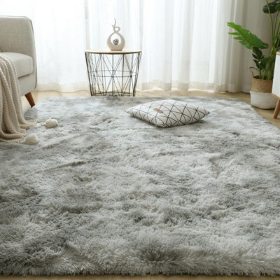 Silver Grey 160x230cm Large Soft Touch Rug Antiskid Shaggy Rug Fluffy Bedroom Rugs Modern Tie-dye Carpet