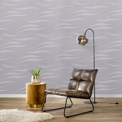 Silver Grey 3D Wave Curved Strip Prepasted Wallpaper Roll 950cm (L)