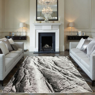 Silver Grey Abstract Modern Funky Rug Easy to clean Living Room Bedroom ...