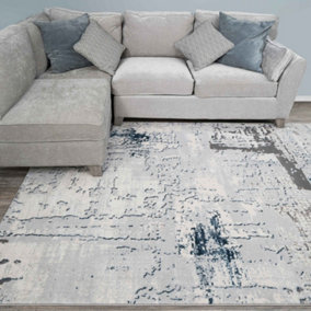 Silver Grey Blue Transitional Contemporary Abstract Living Area Rug 60x110cm