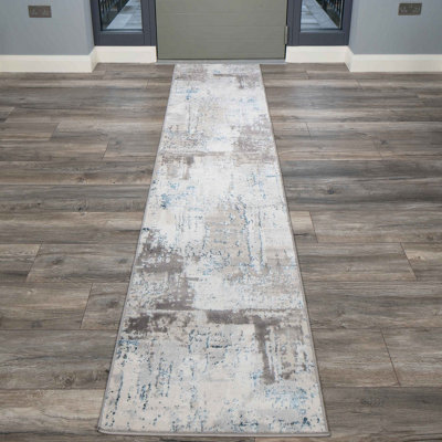 Silver Grey Blue Transitional Contemporary Abstract Living Runner Rug 70x240cm