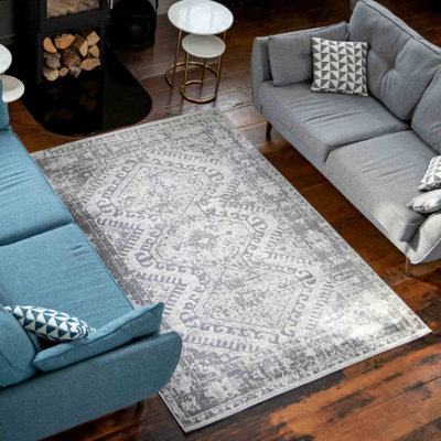 Silver Grey Bordered Geometric Distressed Area Rug 200x290cm