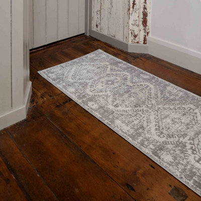 Silver Grey Bordered Geometric Distressed Runner Rug 60x240cm