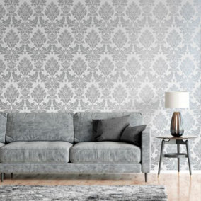 Silver Grey Damask Wallpaper Floral Feature Vintage Retro Metallic Smooth Finish