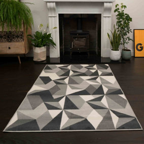 Silver Grey Diamond Geometric Living Room Rug 120x170cm
