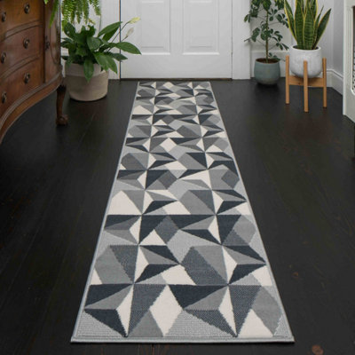 Silver Grey Diamond Geometric Living Room Runner Rug 60x240cm