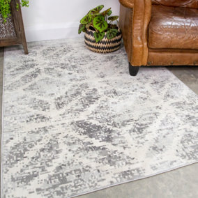 Silver Grey Distressed Abstract Geometric Area Rug 60x110cm