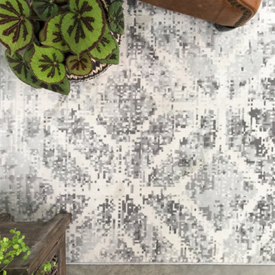 Silver Grey Distressed Abstract Geometric Area Rug 80x150cm