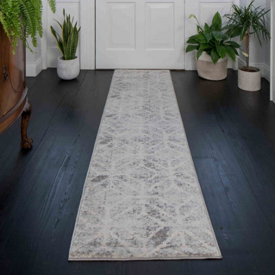 Silver Grey Distressed Abstract Geometric Runner Rug 60x240cm