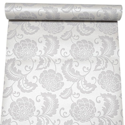 Silver Grey Floral Wallpaper Damask Textured Feature Wall