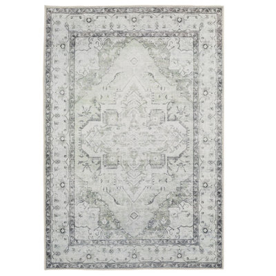 Silver Grey Green Distressed Bordered Medallion Anti Slip Washable Rug 120x170cm