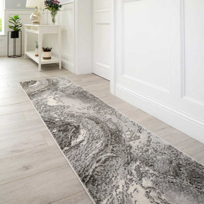 Silver Grey Modern Textured Marble Area Runner Rug 60x240cm