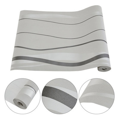 Silver Grey No Woven Patterned Wallpaper Wavy Striped Wallpaper Roll 5m²