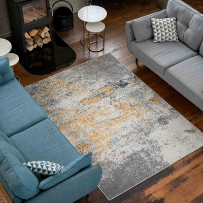 Silver Grey Ochre Distressed Abstract Area Rug 200x290cm