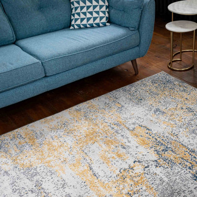 Silver Grey Ochre Distressed Abstract Area Rug 200x290cm