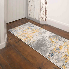 Silver Grey Ochre Distressed Abstract Runner Rug 60x240cm