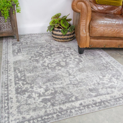 Silver Grey Traditional Medallion Bordered Area Rug 60x110cm