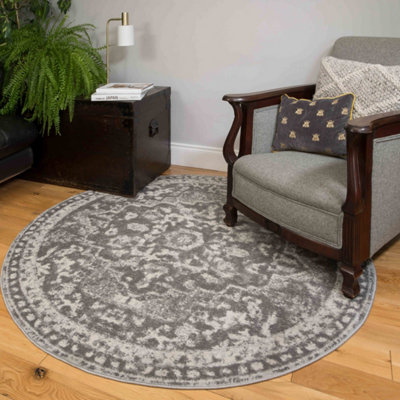 Silver Grey Traditional Medallion Bordered Round Circlular Rug 120cm ...