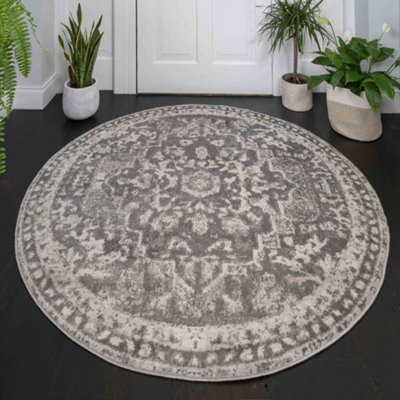 Silver Grey Traditional Medallion Bordered Round Rug 120x120cm