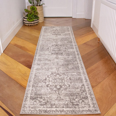 Silver Grey Traditional Medallion Bordered Runner Rug 60x240cm