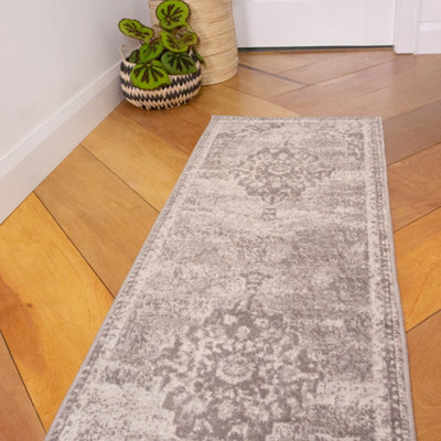 SILVER GREY TRADITIONAL MEDALLION BORDERED RUNNER RUG 60X240CM