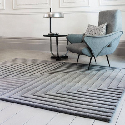 Silver Grey Wool Easy to clean Optical/ (3D) Handmade , Luxurious , Modern , Wool Rug for Living Room, Bedroom - 120cm X 170cm