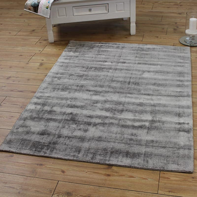 Silver Handmade , Luxurious , Modern , Plain Easy to Clean Viscose Rug for Living Room, Bedroom - 120cm X 170Cm