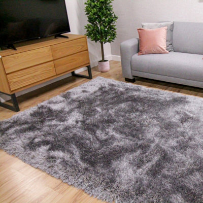 Silver Handmade Luxurious Plain Shaggy Sparkle Easy to Clean Rug for Living Room, Bedroom - 160cm X 230cm