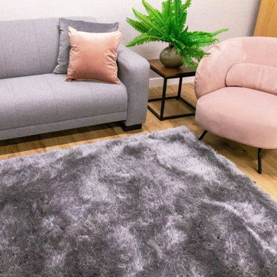 Silver Handmade Luxurious Plain Shaggy Sparkle Easy to Clean Rug for Living Room, Bedroom - 160cm X 230cm