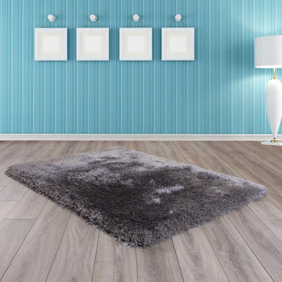 Silver Handmade Luxurious Plain Shaggy Sparkle Easy to Clean Rug for Living Room, Bedroom - 60cm X 110cm