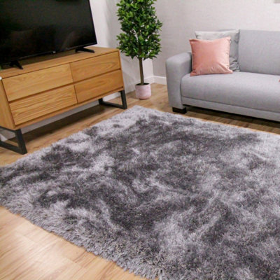 Silver Handmade Luxurious Plain Shaggy Sparkle Easy to Clean Rug for Living Room, Bedroom - 80cm X 150cm