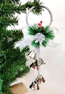 Silver Jingle Bells Door Hanger Decoration Christmas Foliage Wreath 28cm