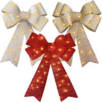 Silver - Large Bows Christmas Tree Decoration with 30 Warm LED Lights Glitter Wreath Xmas