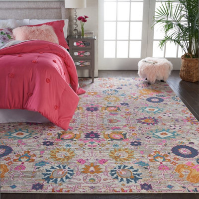 Silver Luxurious Traditional Easy to Clean Abstract Floral Rug For Dining Room-160cm X 221cm