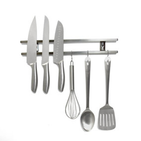 Silver Magnetic Cutlery Rack With 5 Hook Attachments for Kitchen, Home, Garage, Office and Shed