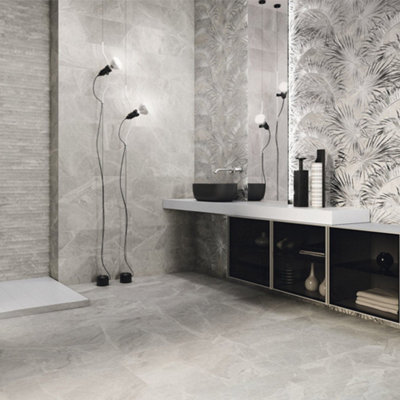 Silver Marble Effect Matt Ceramic Tile / 60 x 60cm | DIY at B&Q